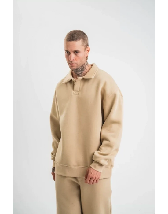 Unisex Double Oversize Patlı Yaka weathirt  Bej