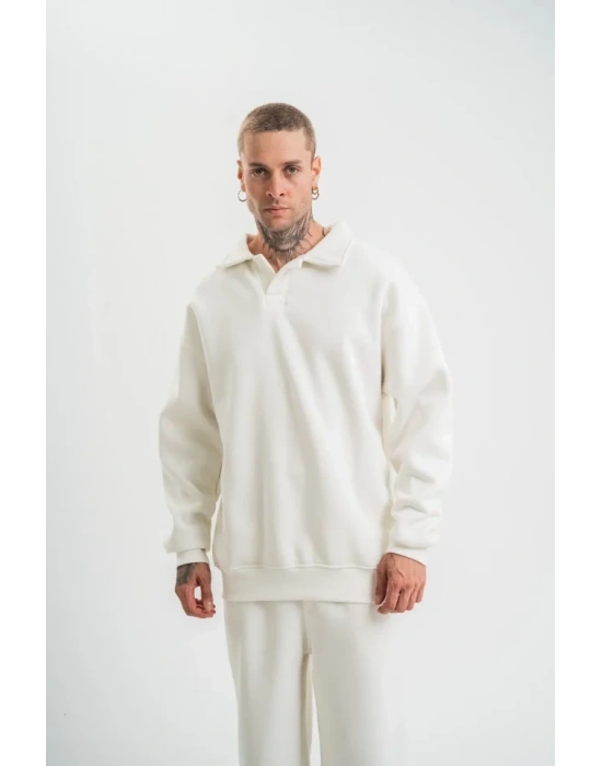 Unisex Double Oversize Patlı Yaka weathirt  Beyaz
