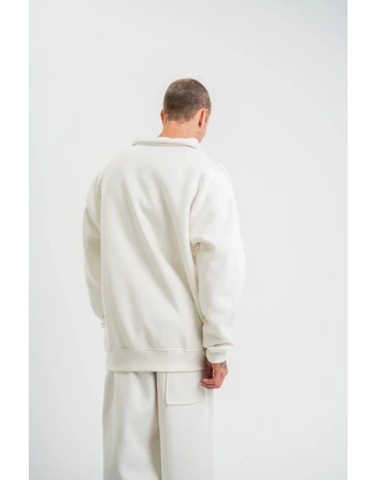 Unisex Double Oversize Patlı Yaka weathirt  Beyaz