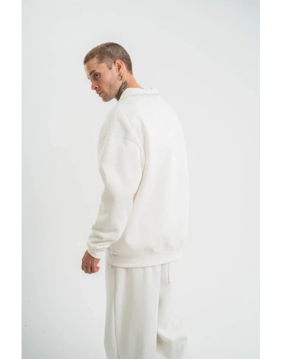 Unisex Double Oversize Patlı Yaka weathirt  Beyaz