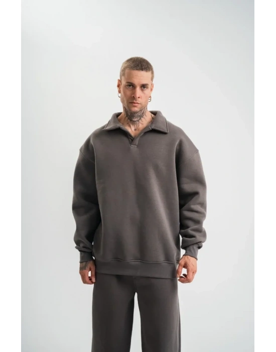 Unisex Double Oversize Patlı Yaka weathirt  Füme