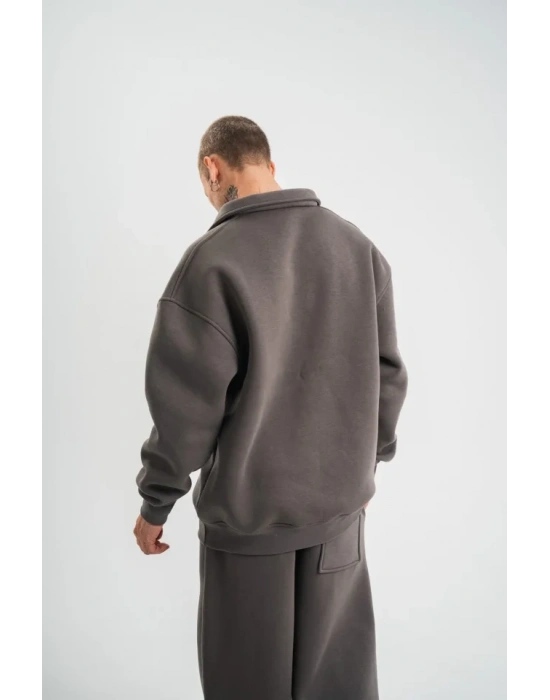 Unisex Double Oversize Patlı Yaka weathirt  Füme