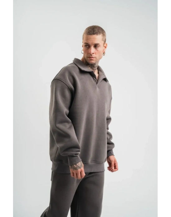 Unisex Double Oversize Patlı Yaka weathirt  Füme