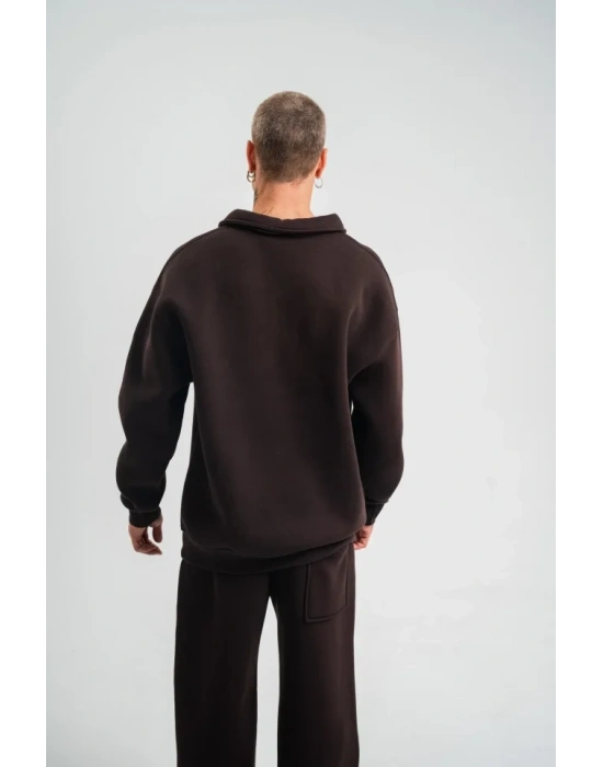 Unisex Double Oversize Patlı Yaka weathirt  Kahve