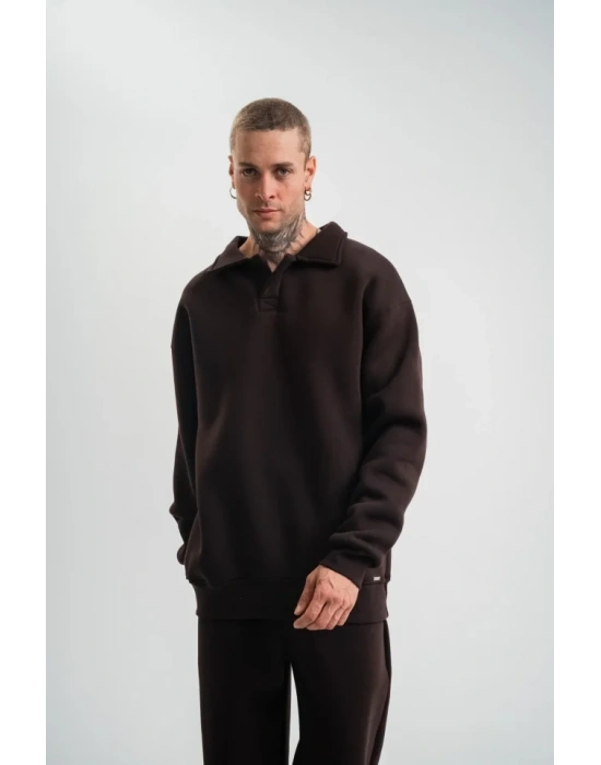 Unisex Double Oversize Patlı Yaka weathirt  Kahve