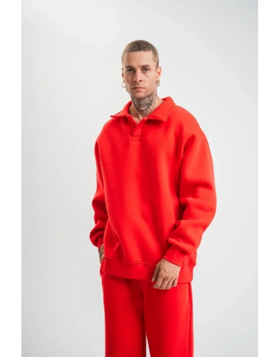 Unisex Double Oversize Patlı Yaka weathirt  Kırmızı