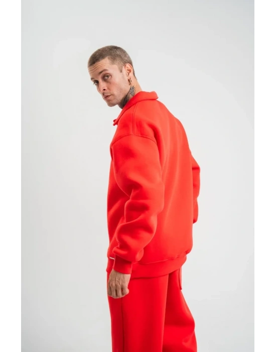 Unisex Double Oversize Patlı Yaka weathirt  Kırmızı