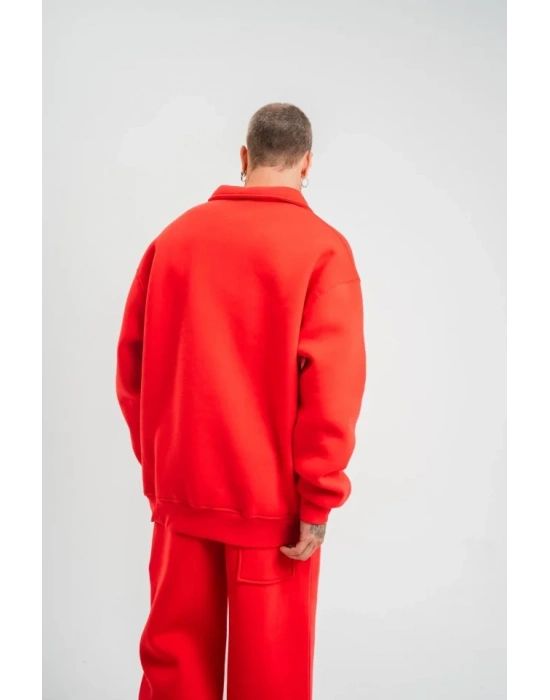 Unisex Double Oversize Patlı Yaka weathirt  Kırmızı