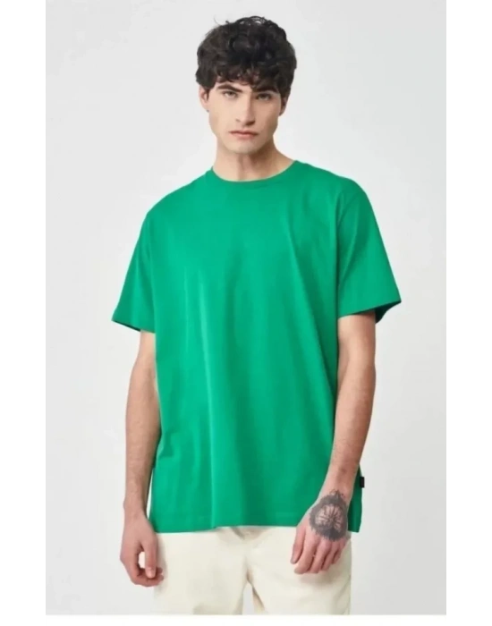 Unisex Düz Biskilet Yaka Oversize Tshirt  Yeşil