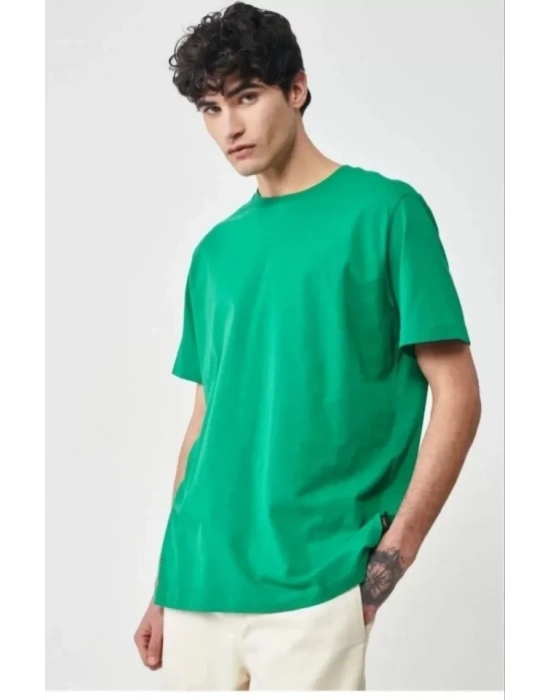 Unisex Düz Biskilet Yaka Oversize Tshirt  Yeşil