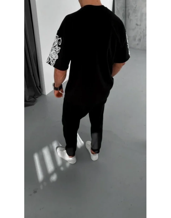 Unisex Flok Kabartma Baskılı Thirt  iyah