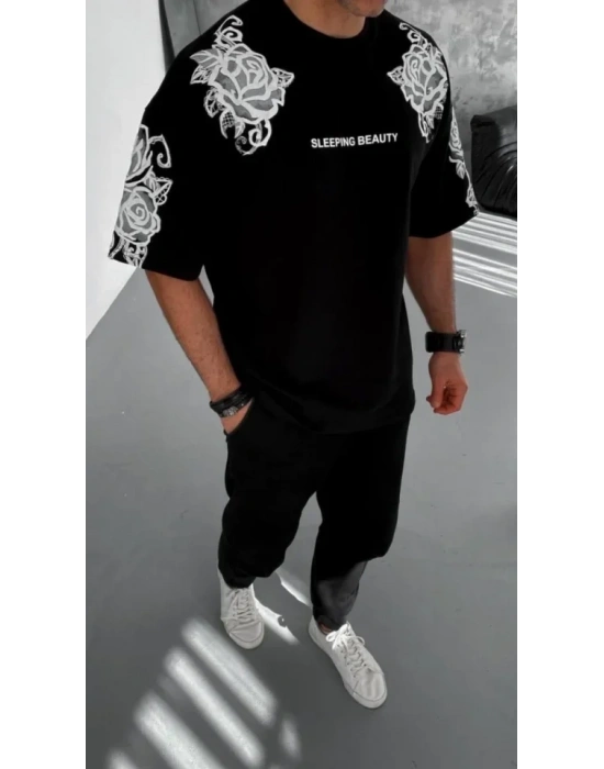 Unisex Flok Kabartma Baskılı Thirt  iyah