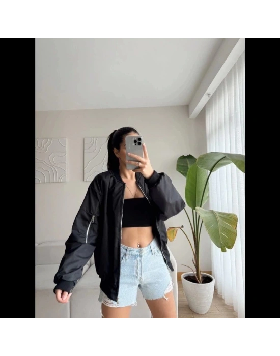 Unisex İçi Astarlı Düz Bomber Ceket  iyah