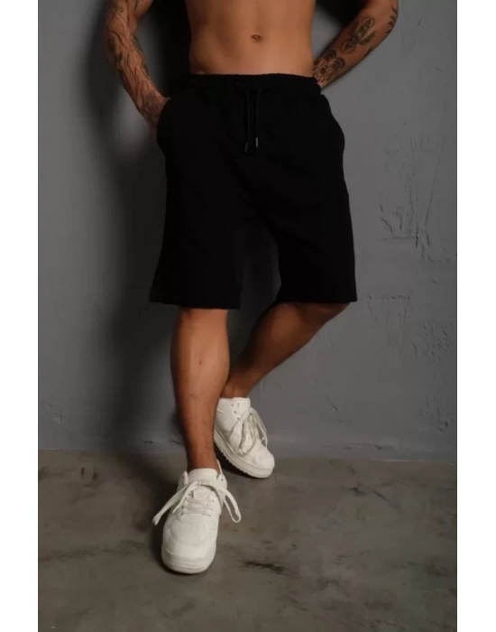 Unisex İki İplik Düz Oversize Şort  iyah
