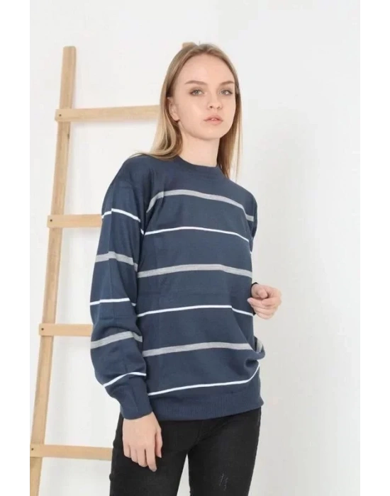 Unisex İnce Çizgili Bisiklet Yaka Triko Kazak  acivert