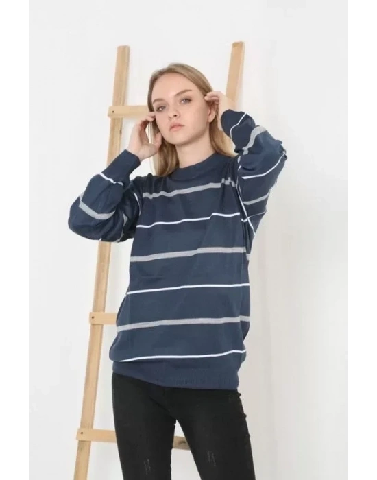 Unisex İnce Çizgili Bisiklet Yaka Triko Kazak  acivert