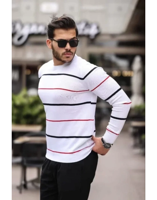 Unisex İnce Çizgili Bisiklet Yaka Triko Kazak  Beyaz