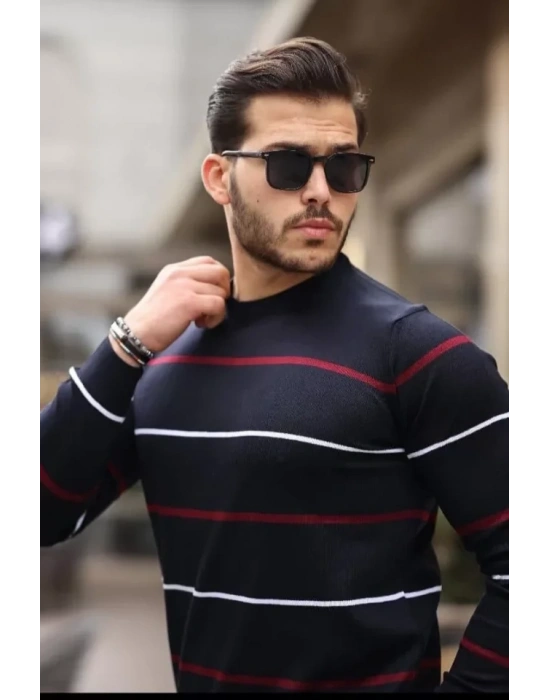 Unisex İnce Çizgili Bisiklet Yaka Triko Kazak  Siyah