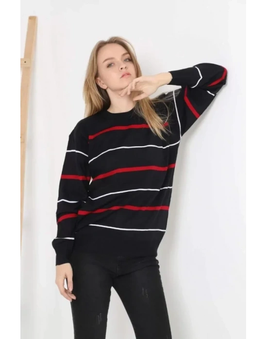 Unisex İnce Çizgili Bisiklet Yaka Triko Kazak  Siyah