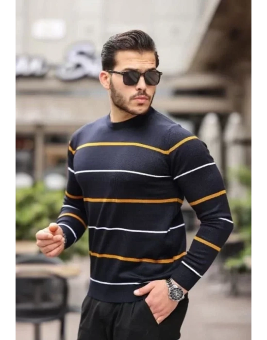 Unisex İnce Çizgili Bisiklet Yaka Triko Kazak  Siyah