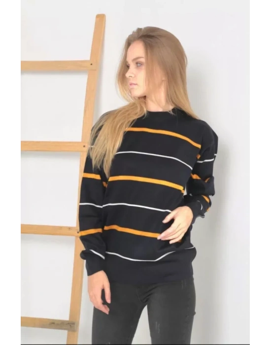 Unisex İnce Çizgili Bisiklet Yaka Triko Kazak  Siyah