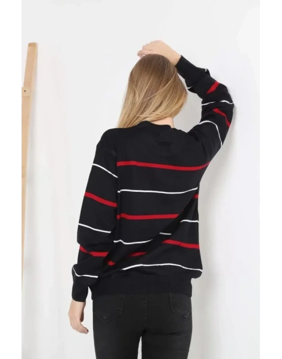 Unisex İnce Çizgili Bisiklet Yaka Triko Kazak  Siyah