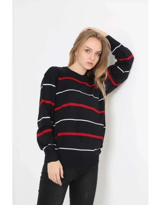 Unisex İnce Çizgili Bisiklet Yaka Triko Kazak  Siyah