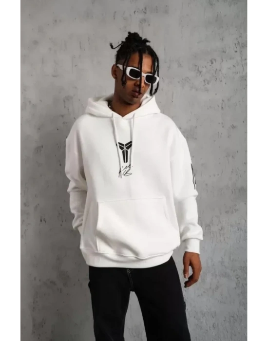 Unisex ırt Baskılı Kapüşonlu Üç İplik Oversize weatshirt  Beyaz