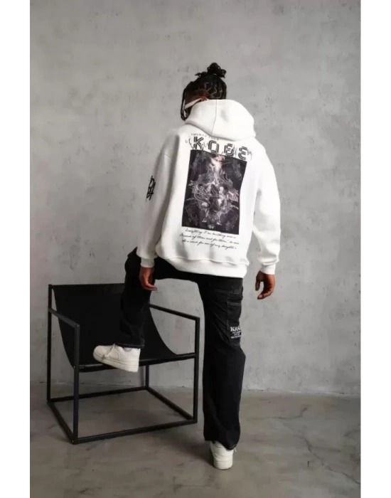Unisex ırt Baskılı Kapüşonlu Üç İplik Oversize weatshirt  Beyaz