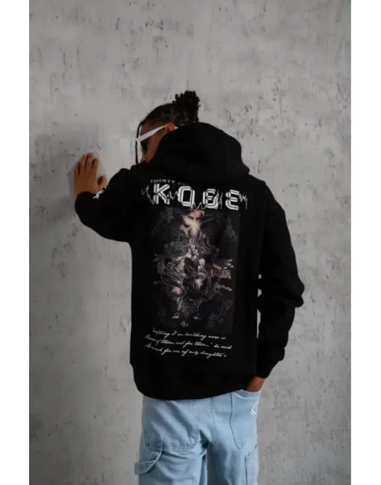 Unisex ırt Baskılı Kapüşonlu Üç İplik Oversize weatshirt  iyah