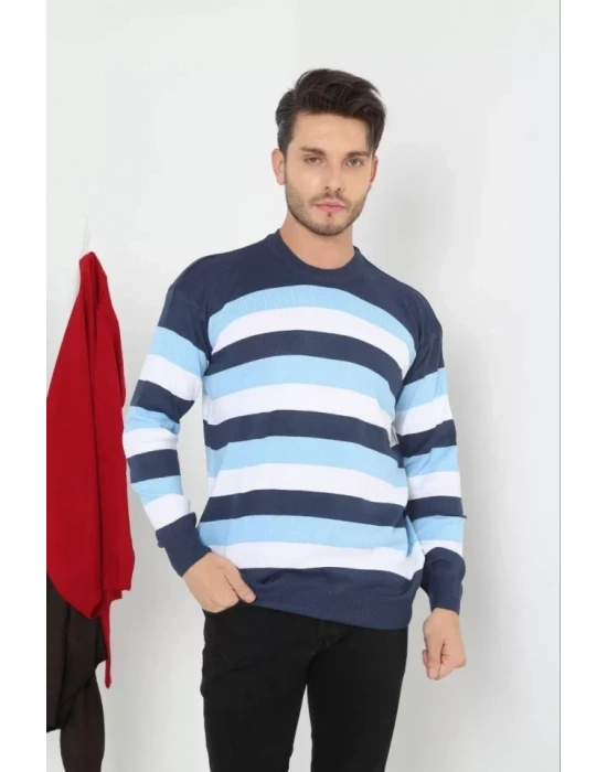 Unisex Kalın Çizgili Bisiklet Yaka Triko Kazak  avi