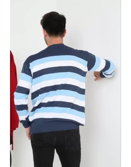 Unisex Kalın Çizgili Bisiklet Yaka Triko Kazak  avi