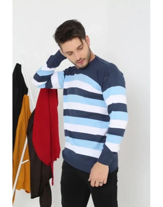 Unisex Kalın Çizgili Bisiklet Yaka Triko Kazak  avi