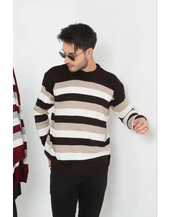 Unisex Kalın Çizgili Bisiklet Yaka Triko Kazak  Bej