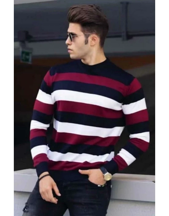 Unisex Kalın Çizgili Bisiklet Yaka Triko Kazak  Bordo