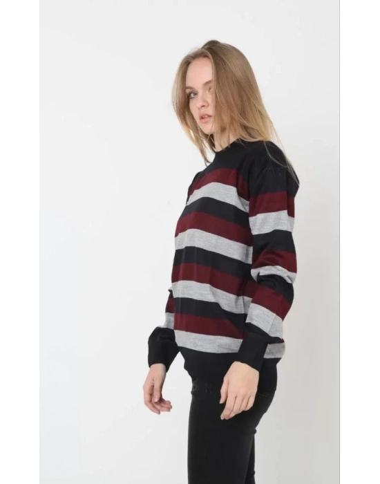 Unisex Kalın Çizgili Bisiklet Yaka Triko Kazak  Bordo