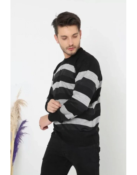 Unisex Kalın Çizgili Bisiklet Yaka Triko Kazak  Füme