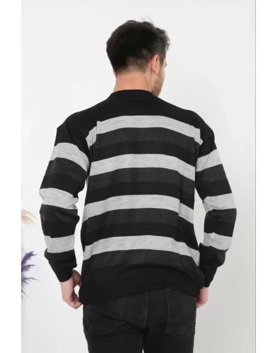 Unisex Kalın Çizgili Bisiklet Yaka Triko Kazak  Füme