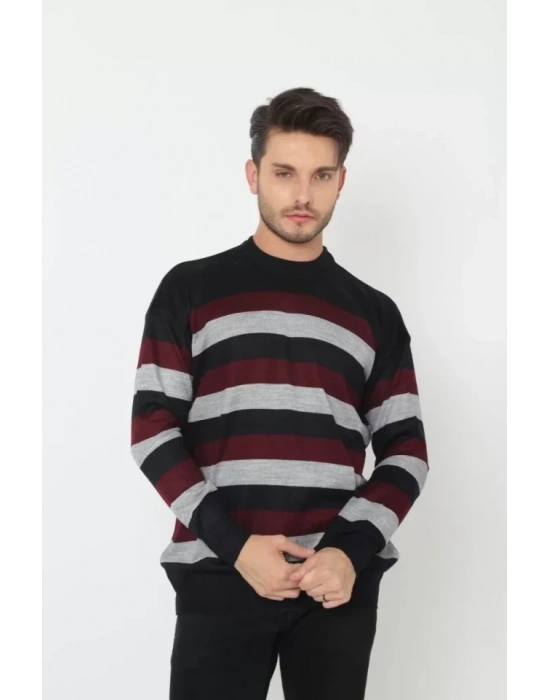 Unisex Kalın Çizgili Bisiklet Yaka Triko Kazak  Gri