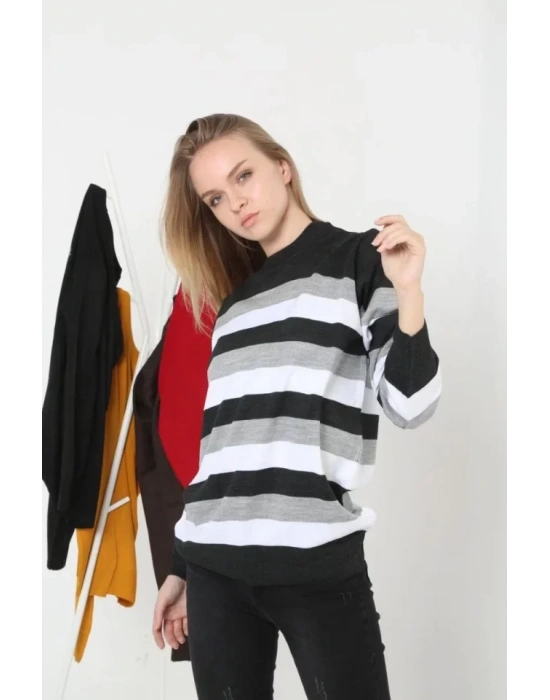 Unisex Kalın Çizgili Bisiklet Yaka Triko Kazak  Gri