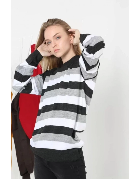 Unisex Kalın Çizgili Bisiklet Yaka Triko Kazak  Gri