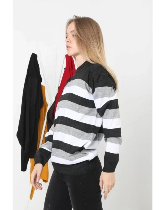 Unisex Kalın Çizgili Bisiklet Yaka Triko Kazak  Gri