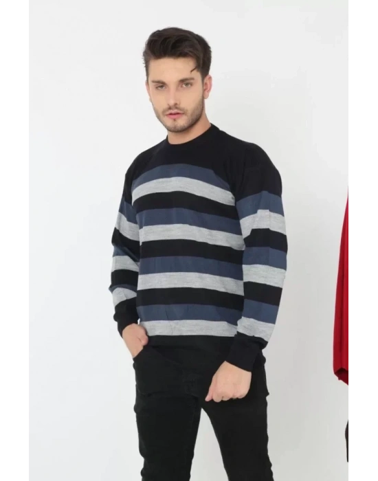 Unisex Kalın Çizgili Bisiklet Yaka Triko Kazak  Indigo