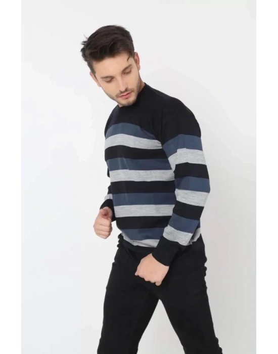 Unisex Kalın Çizgili Bisiklet Yaka Triko Kazak  Indigo