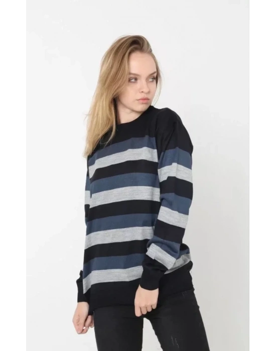 Unisex Kalın Çizgili Bisiklet Yaka Triko Kazak  Siyah