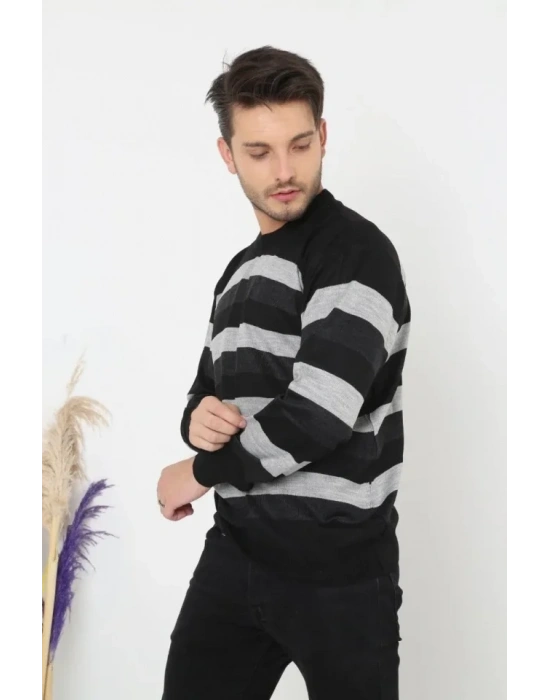 Unisex Kalın Çizgili Bisiklet Yaka Triko Kazak  Siyah