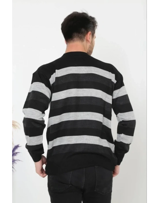 Unisex Kalın Çizgili Bisiklet Yaka Triko Kazak  Siyah