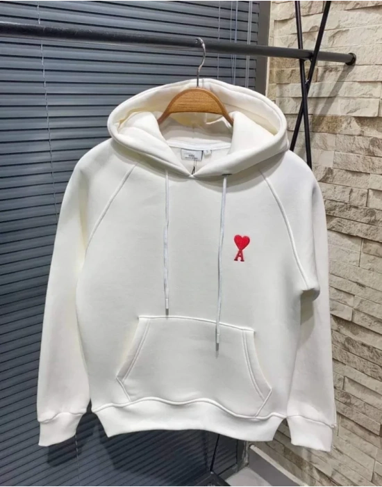 Unisex Kapşonlu Baskılı weetshirt  Beyaz