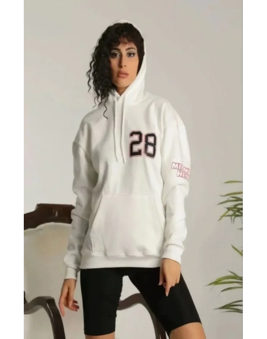 Unisex Kapşonlu Baskılı weetshirt  Beyaz