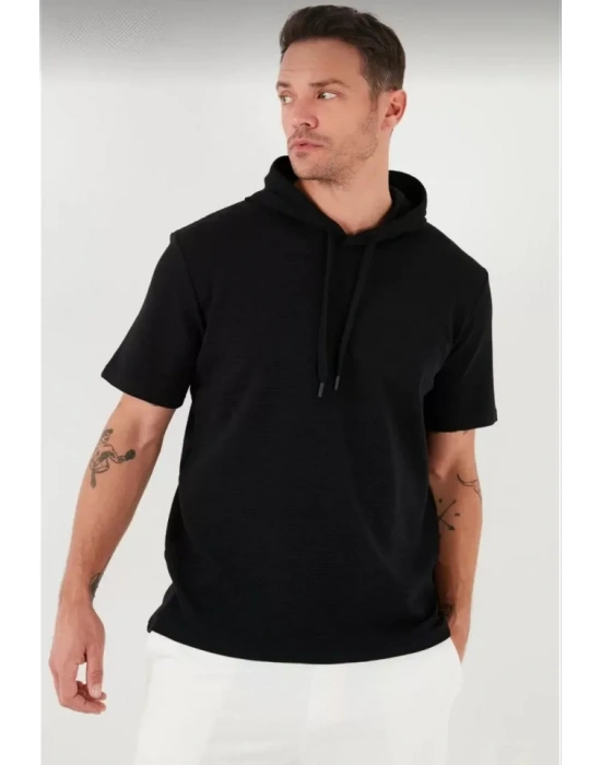 Unisex Kapşonlu Kısa Kol Düz Oversize Tshirt  iyah